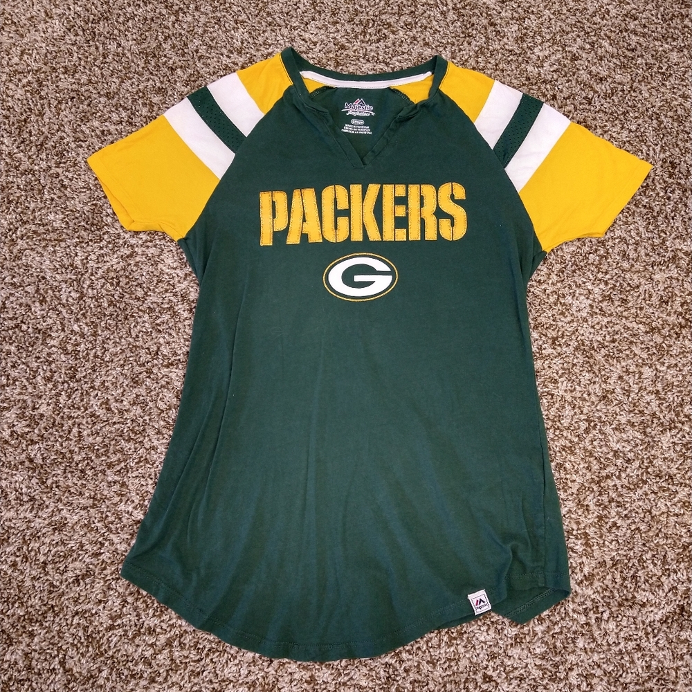 NFL Womens Green Bay Packers Majestic Fan Fashion Glitter Logo Shirt Size Small